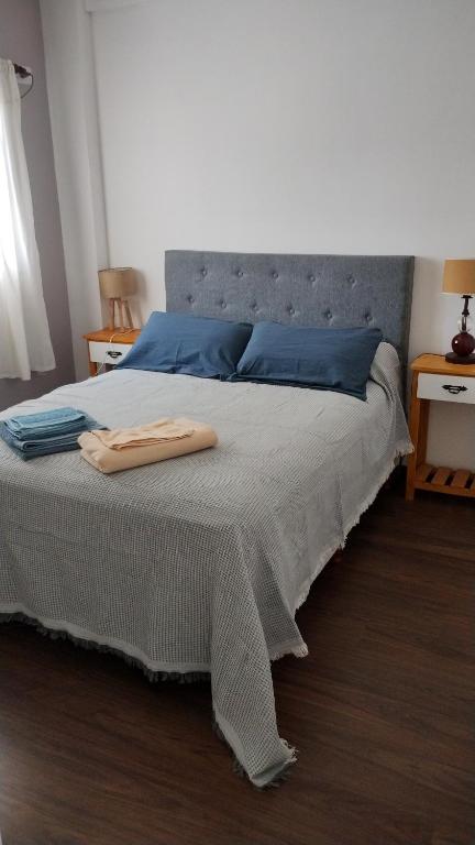 a bedroom with a large bed with blue pillows at Departamento Tigre luminoso frente a club Acohaj in Tigre