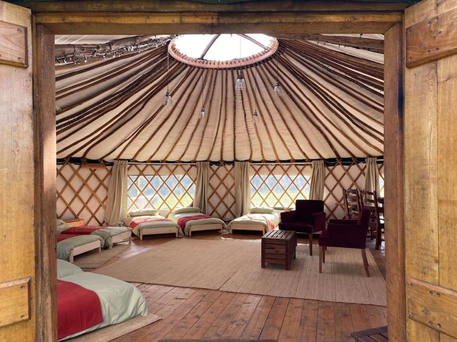 a room with beds and chairs in a yurt at Redwood - the BIG yurt in Fernhurst