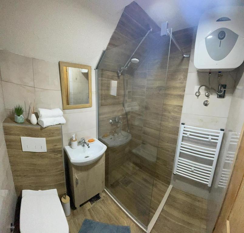 a bathroom with a shower and a sink at Cottage Mila in Žabljak