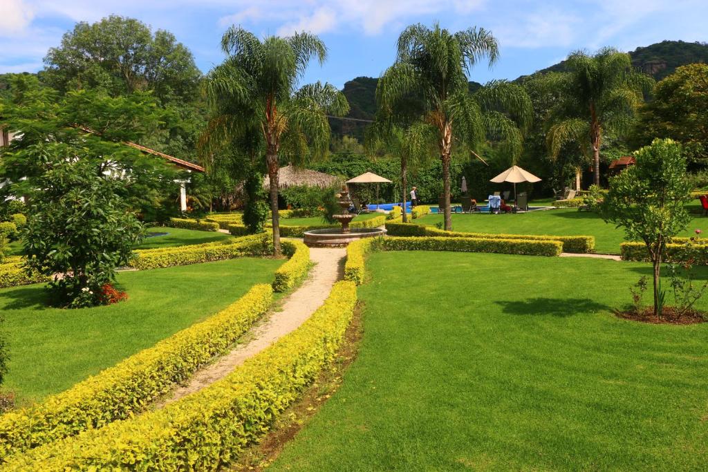 un parque con césped verde y palmeras en Posada La Presa, en Tepoztlán