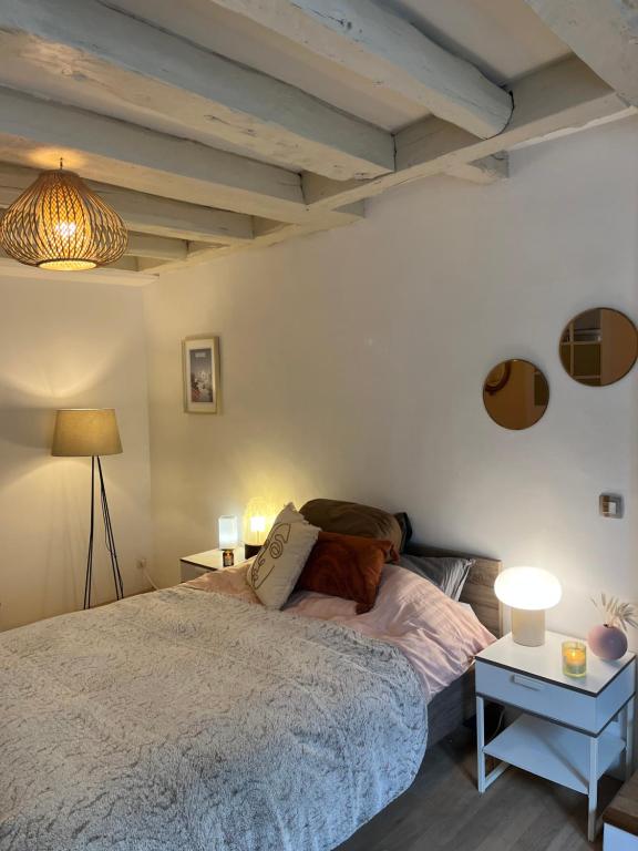 1 dormitorio con 1 cama y 2 mesas con lámparas en Good Vibes, en Grenoble