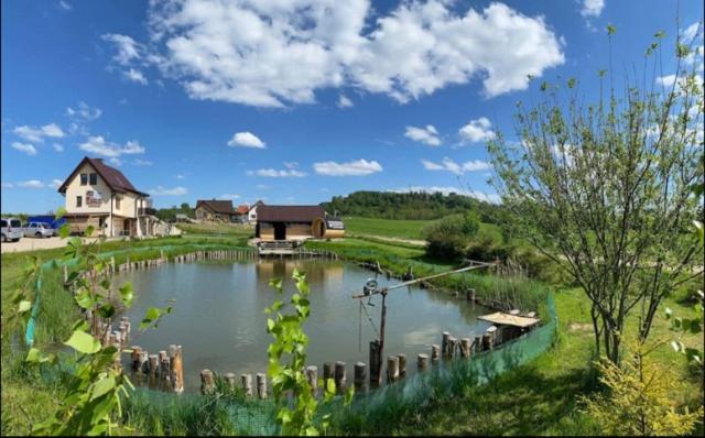 a river with a house in the middle of a field at Apartament Pod Górką Gołdap II in Gołdap