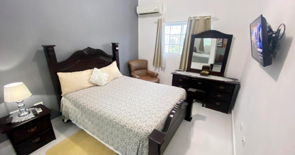 a bedroom with a bed and a dresser and a mirror at Quiet Apartment, 3 Minutes From The Beach, 24H Security, Excellent Internet in San Felipe de Puerto Plata