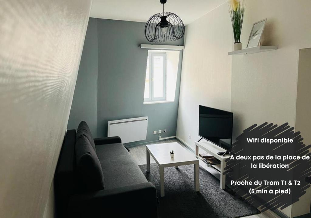 un salon avec un canapé et une télévision dans l'établissement L'appartement des Ducs, à Dijon