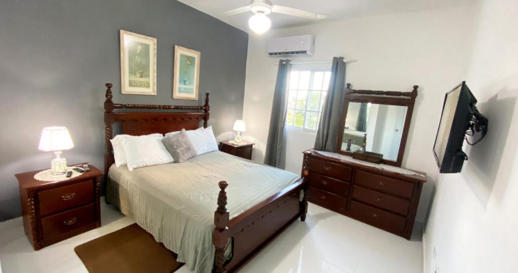 a bedroom with a bed and a dresser and a mirror at Cozy 2BR Near Playa Dorada, 3 Min In Car in San Felipe de Puerto Plata