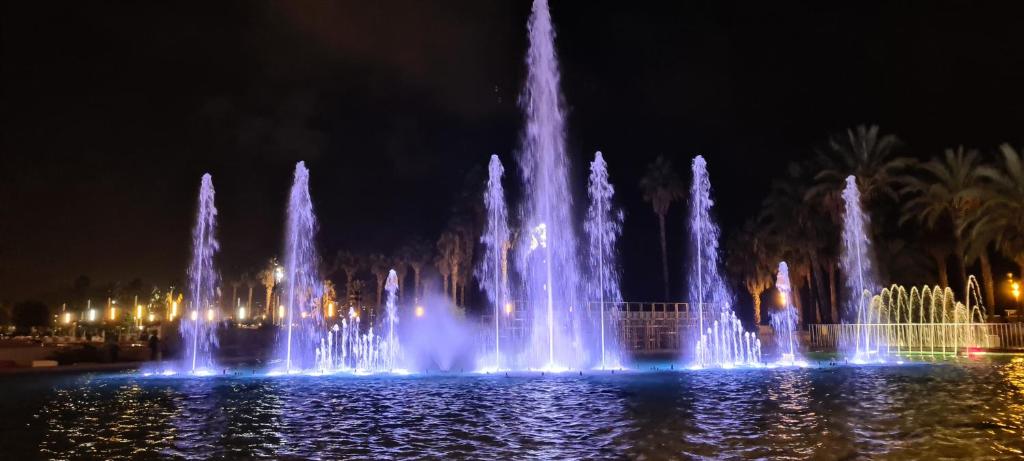 une fontaine avec des lumières bleues dans l'eau la nuit dans l'établissement Apartment Center Salou near Port Aventura, à Salou