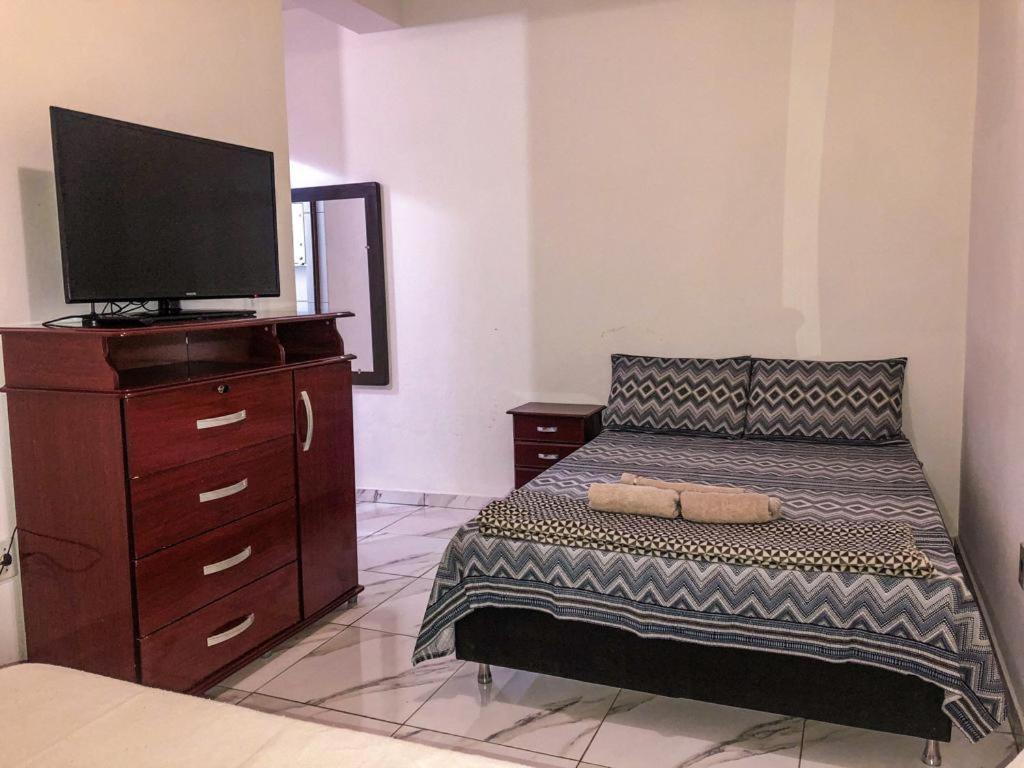 a bedroom with a bed and a flat screen tv at Hospê Da Lita in Cunha