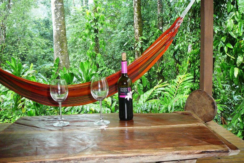 una botella de vino sentada en una mesa con dos copas de vino en Casa Lina EcoLodge privat apartment, en Puerto Viejo