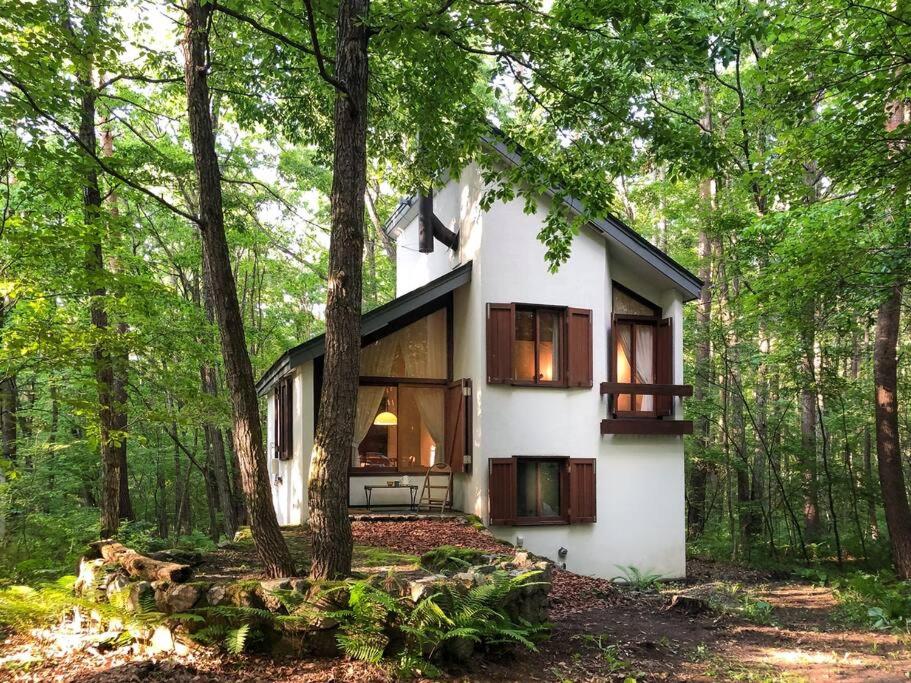 a white house in the woods with trees at Tatehata House. Private Sauna. Outdoor Bath. in Kita-karuizawa