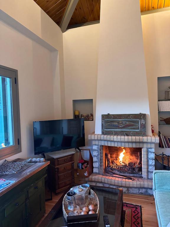 Televízia a/alebo spoločenská miestnosť v ubytovaní Kalavryta Villa Nano βίλα στο βουνό με τζάκι κοντά στο χιονοδρομικό