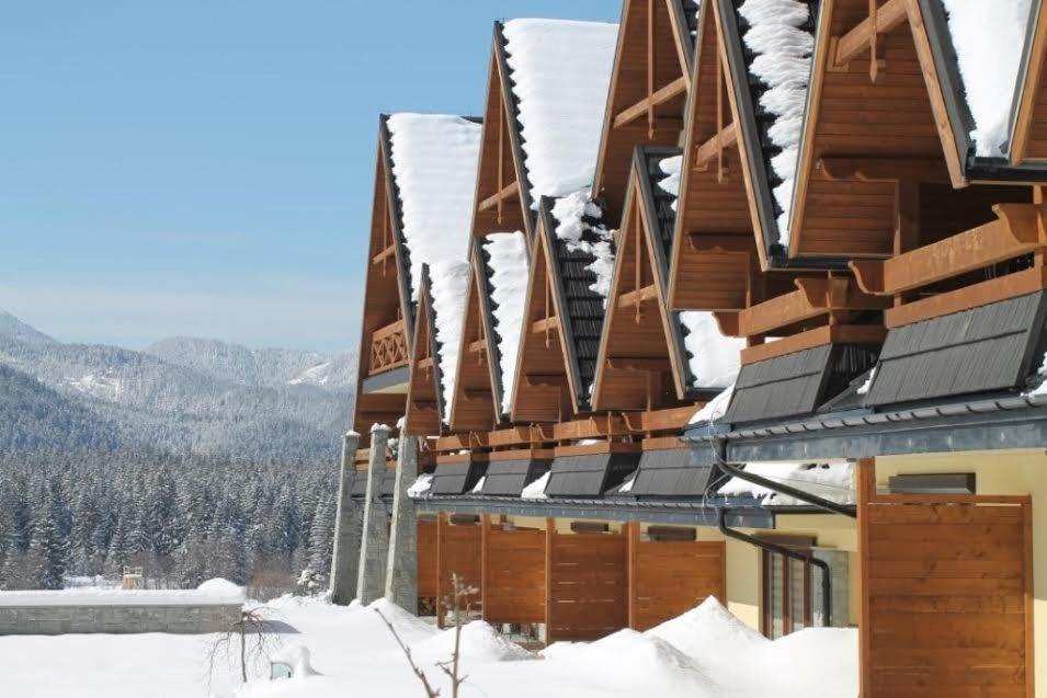 un edificio cubierto de nieve con techos nevados en Apartamenty w Dolinie Słońca, en Kościelisko