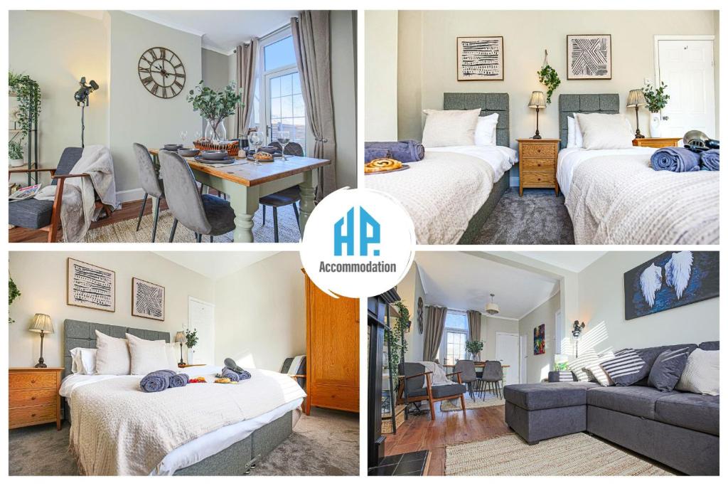 two pictures of a room with two beds and a living room at Two Bedroom Home in Northampton by HP Accommodation - Free Parking & WiFi in Northampton