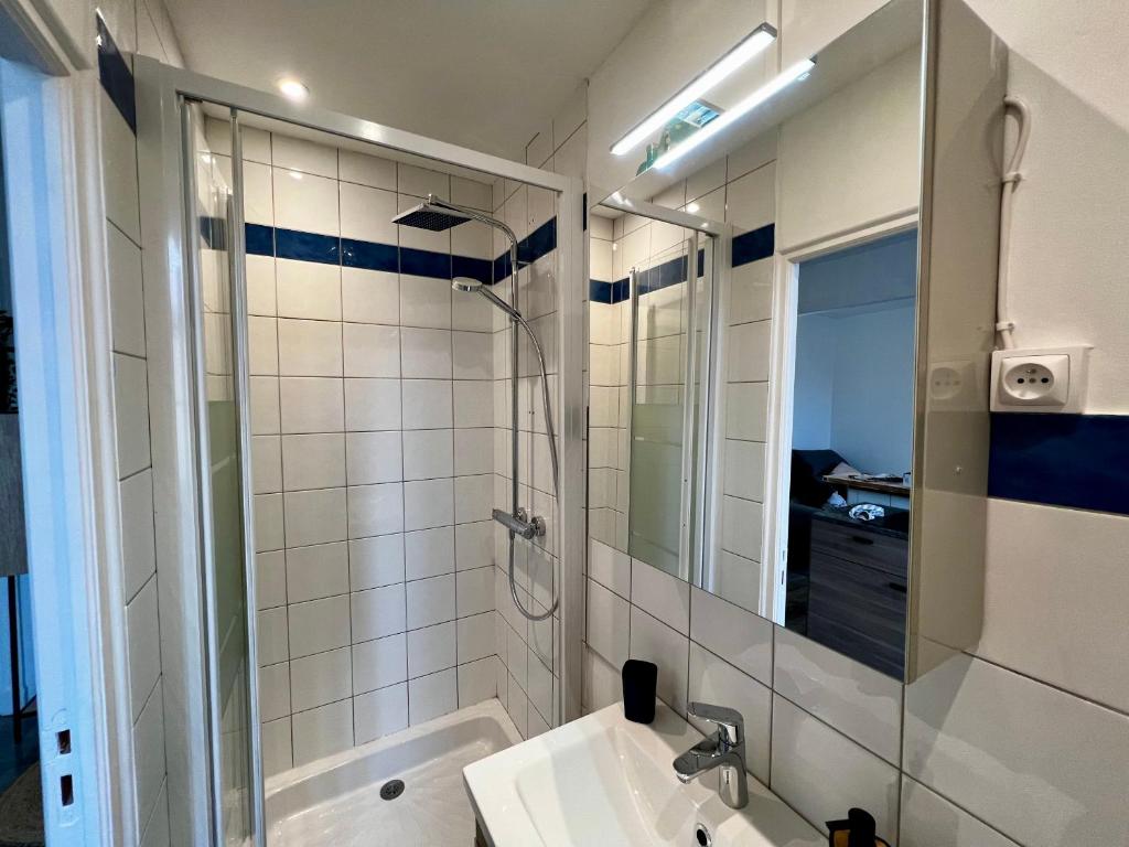 a bathroom with a shower and a sink and a mirror at Home Sweet Home in Roanne