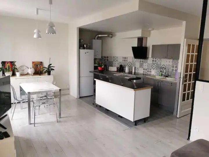 a large kitchen with a table and a refrigerator at Appartement St-Thomas Zola in Reims