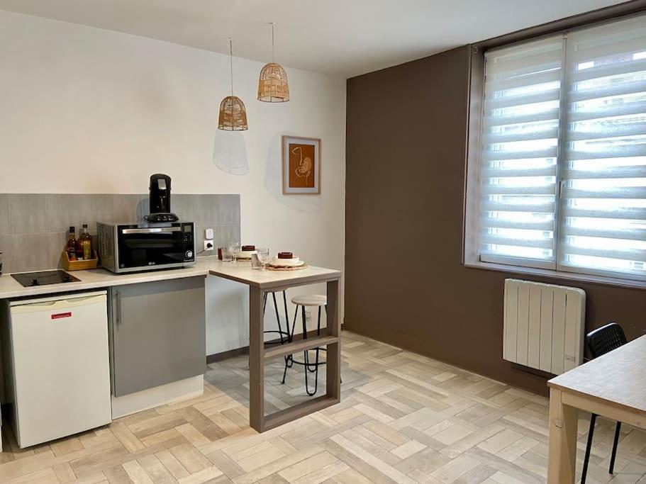 cocina con encimera y mesa con microondas en Studio avec Balcon proche Gare, en Bourg-en-Bresse
