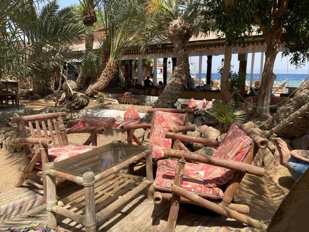 Un grupo de sillas y mesas en una playa. en Palma Beach Camp, en Dahab