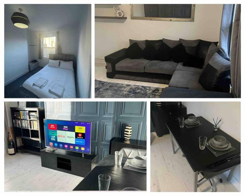 un collage de tres fotos de una sala de estar en Spacious One Bedroom Private Flat in Brixton +Wifi en Londres