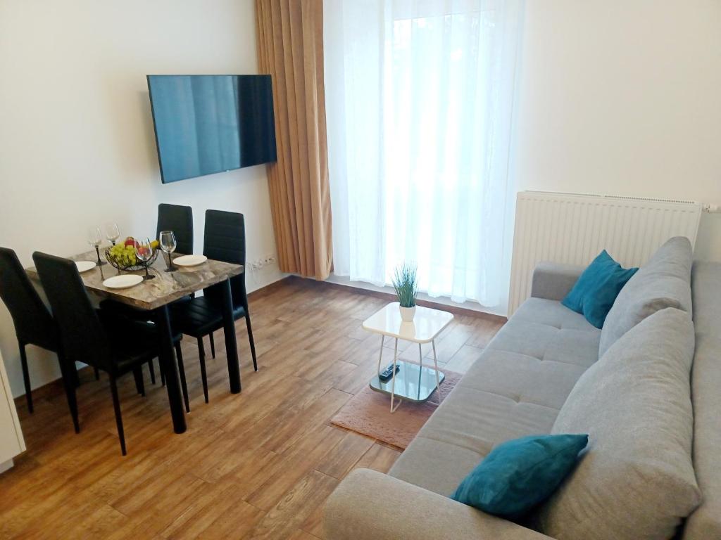 a living room with a couch and a table at AJP Apartament Szczecin Dąbie in Szczecin