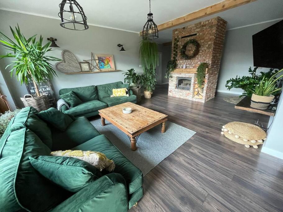 ein Wohnzimmer mit einem grünen Sofa und einem Couchtisch in der Unterkunft Na Szczycie Konopi in Bystra Śląska