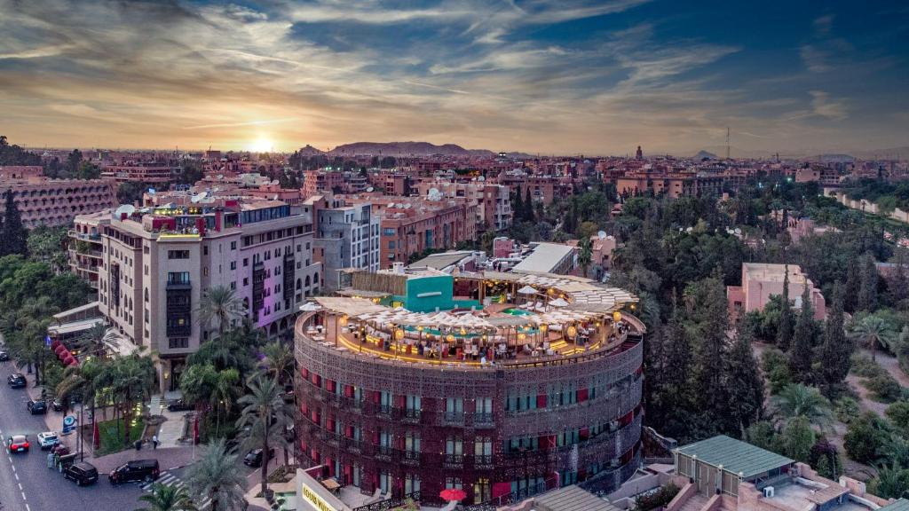 an overhead view of a city with a building at Nobu Hotel Marrakech in Marrakesh