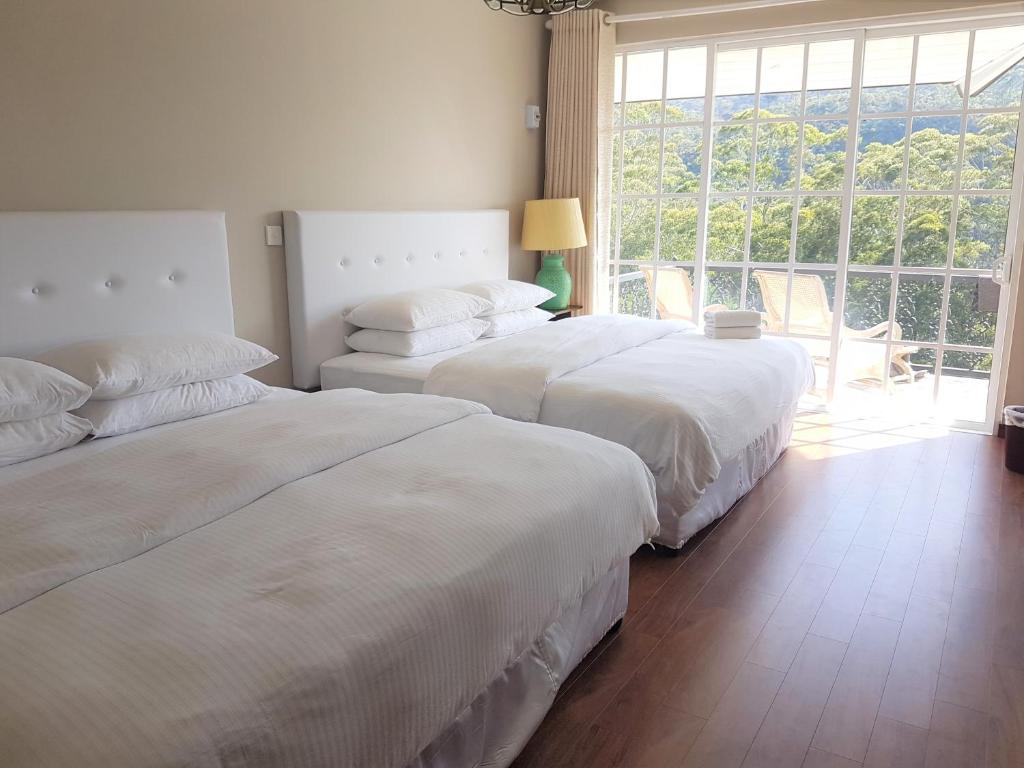 two beds in a bedroom with a large window at Luxe Wilderness in Nuwara Eliya