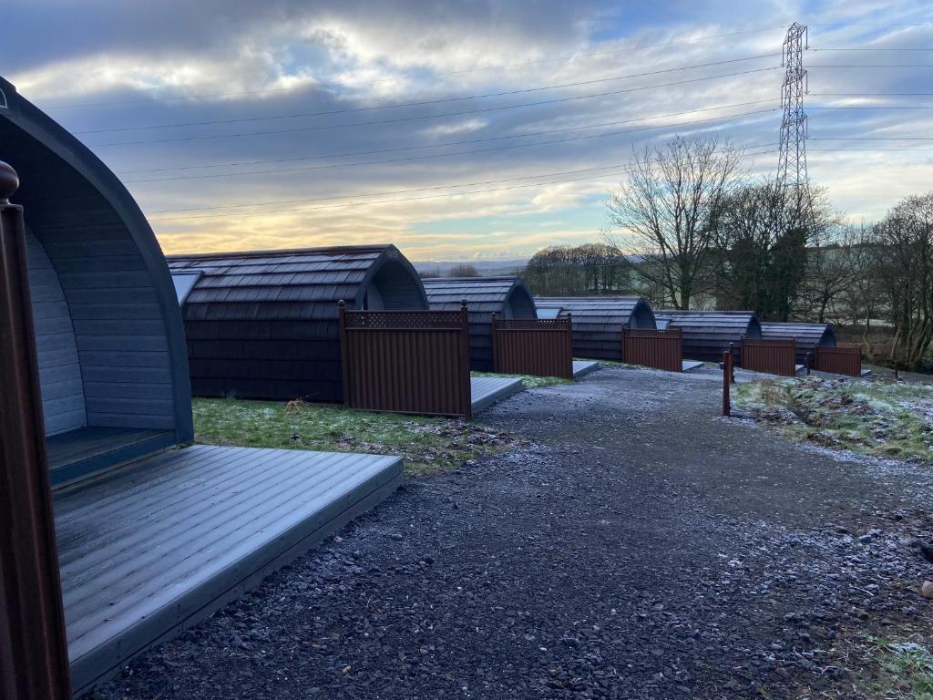 Une rangée de bâtiments en forme de dôme avec une terrasse couverte en bois dans l'établissement Glamping Pods, à Milngavie