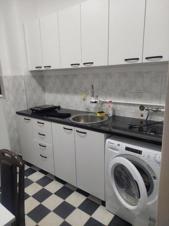 eine Küche mit einer Waschmaschine und einem Waschbecken in der Unterkunft Comfort in Pirot