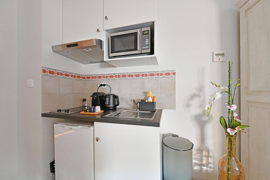 Kuchyňa alebo kuchynka v ubytovaní Au cœur des Papes, dans bâtisse de charme studios & appartements en cœur de ville