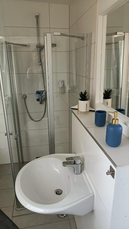 Koupelna v ubytování Apartments & möblierte Zimmer in Kahl am Main, kontaktloser Self Check-in, W-Lan, Schreibtisch, Duschbad, Küchenzeile, PKW-Plätze