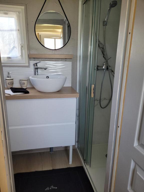 a bathroom with a sink and a shower at La paillote idyllique in Faverolles-sur-Cher