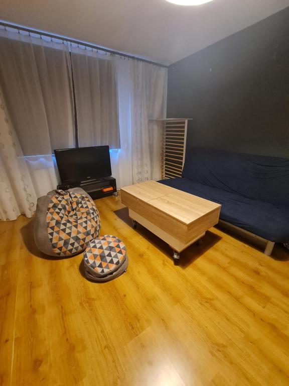 a bedroom with a bed and a couch and a table at Przytulny apartament blisko centrum in Katowice