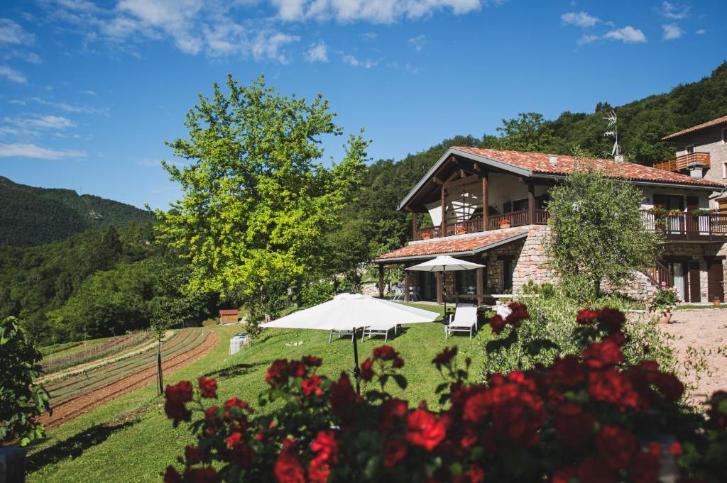 Coste del Gaggio - Country House B&B - Garda Trentino في Drena: منزل على تلة مع الزهور أمامه