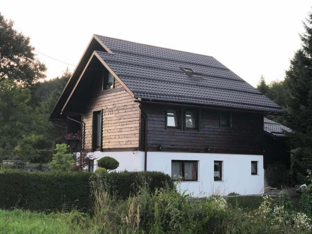 a house with a black roof on top of it at Apartment Monte Rosa in Delnice