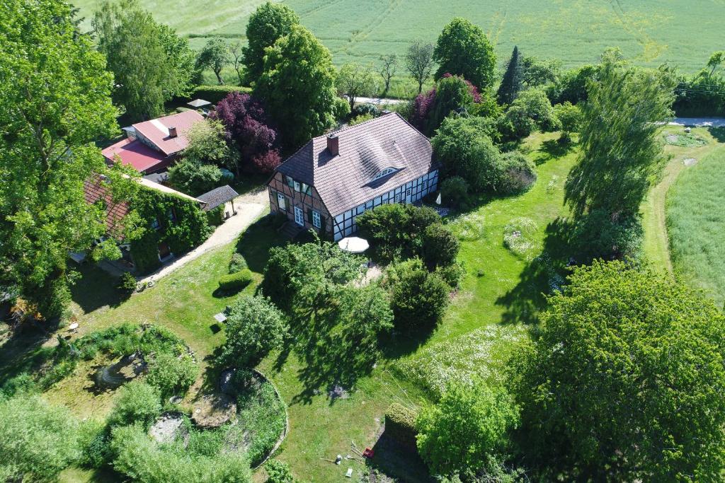 an overhead view of a house in a field with trees at Naturerlebnis in Malchin