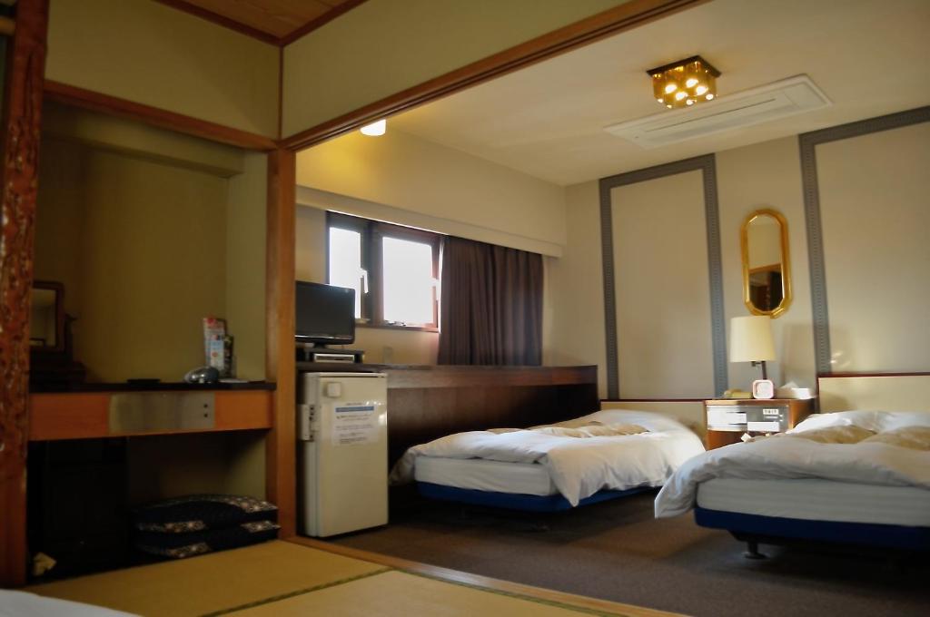 高知市にあるホテル　ロスイン高知のベッド2台とテレビが備わるホテルルームです。