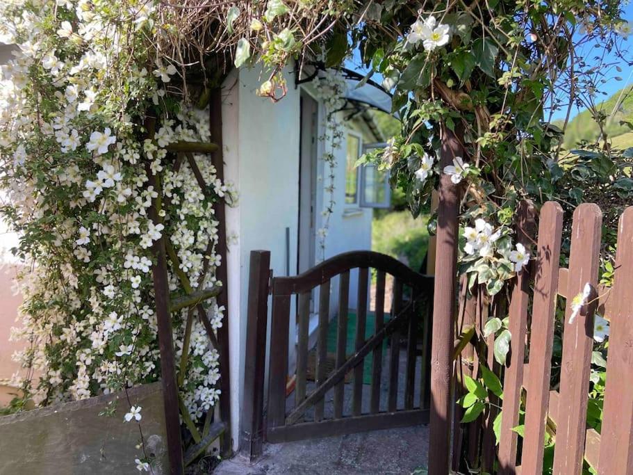 an entrance to a house with a gate and flowers at Couples Getaway, with Mountain Views/Dog Friendly in Crickhowell