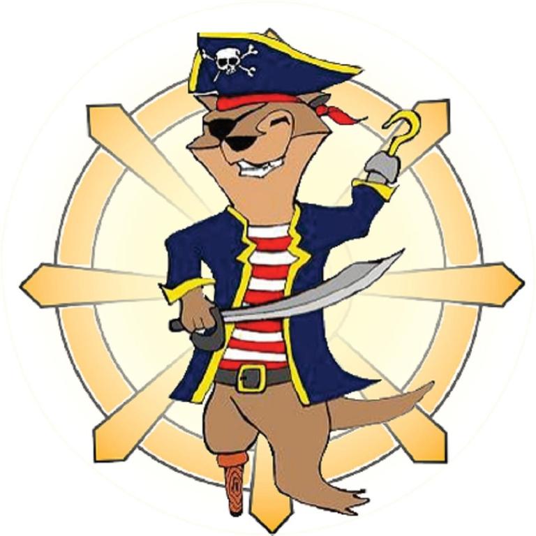 Un'immagine di un pirata dei cartoni animati che tiene in mano una spada. di Nauti Otter Inn and Yurt Village a Seward