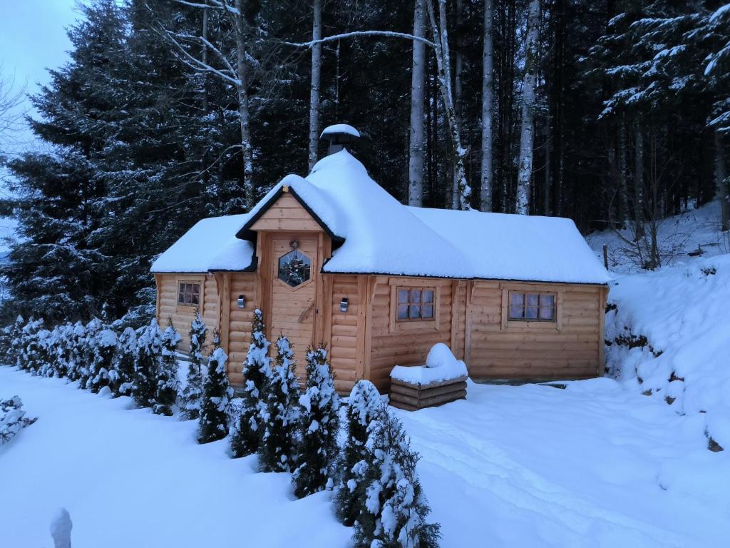 a log cabin in the snow at Au Doubs Kota 