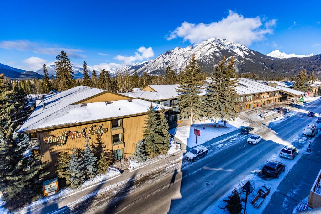 an aerial view of a resort in the snow at Banff Park Lodge in Banff