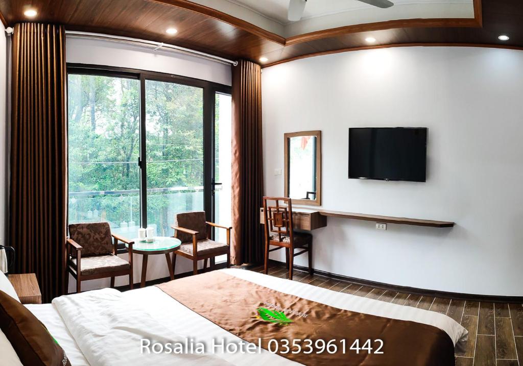 1 dormitorio con 1 cama y TV en la pared en Ros Hotel Tam Đảo, en Tam Ðảo