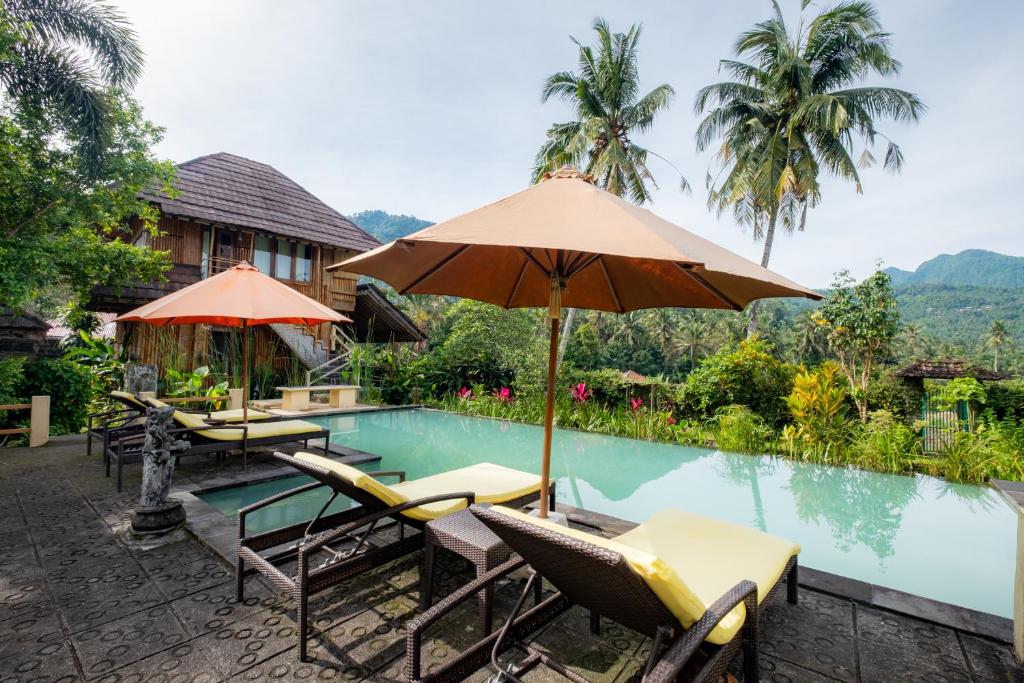 un complejo con piscina con sillas y sombrilla en Villa Manuk, en Singaraja