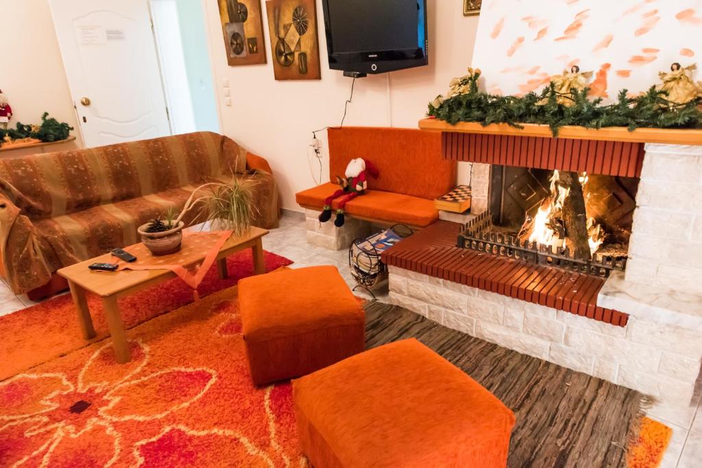 a living room with a couch and a fireplace at Artemis in Karpenisi