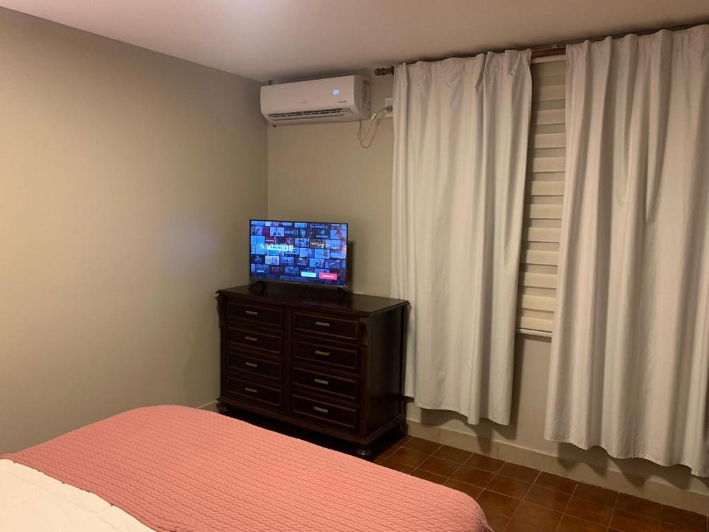 una camera con letto e televisore su un comò di Los Naranjos Departamentos 2 a Concepción