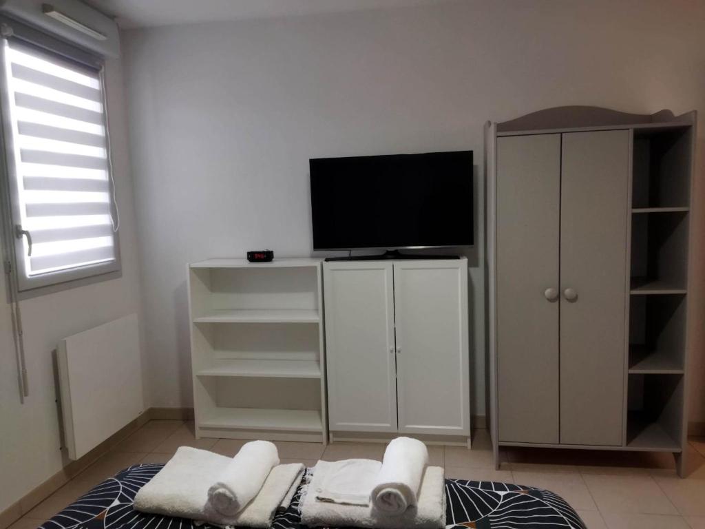 Telewizja i/lub zestaw kina domowego w obiekcie Chez Daniel, linge et ménage inclus