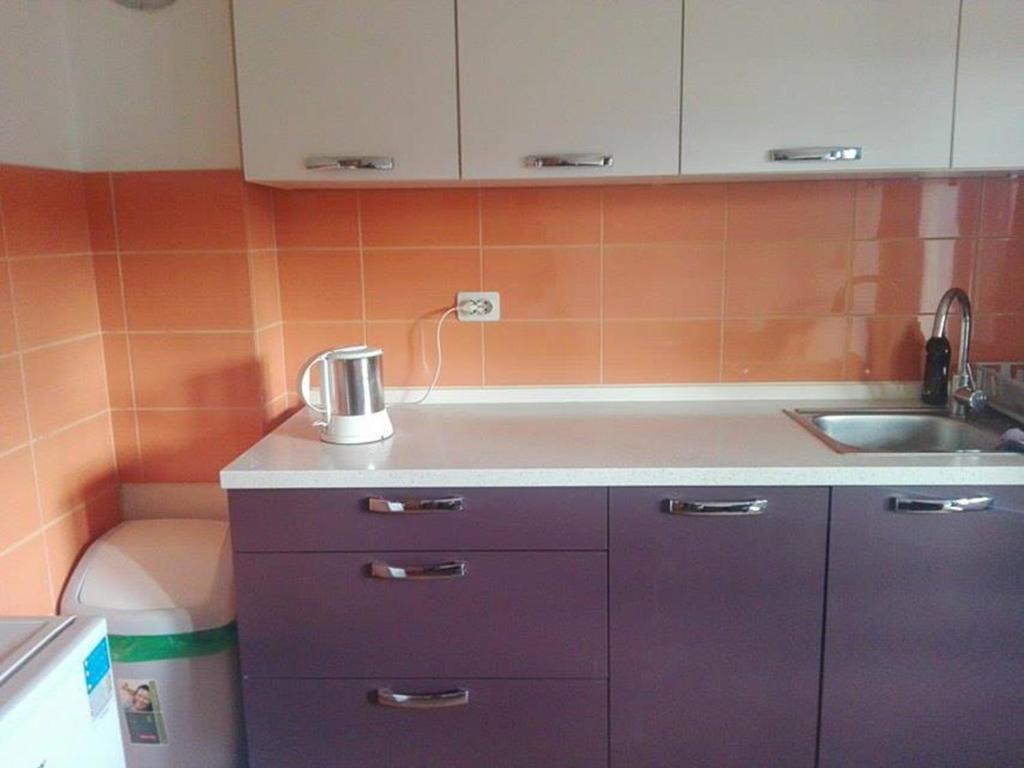 a kitchen with a sink and a purple cabinet at Apartman Mislav in Gračac