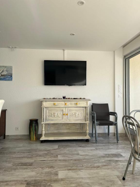 Televízia a/alebo spoločenská miestnosť v ubytovaní La Marina de Lairan 2 chambres terrasse vue Port de Plaisance