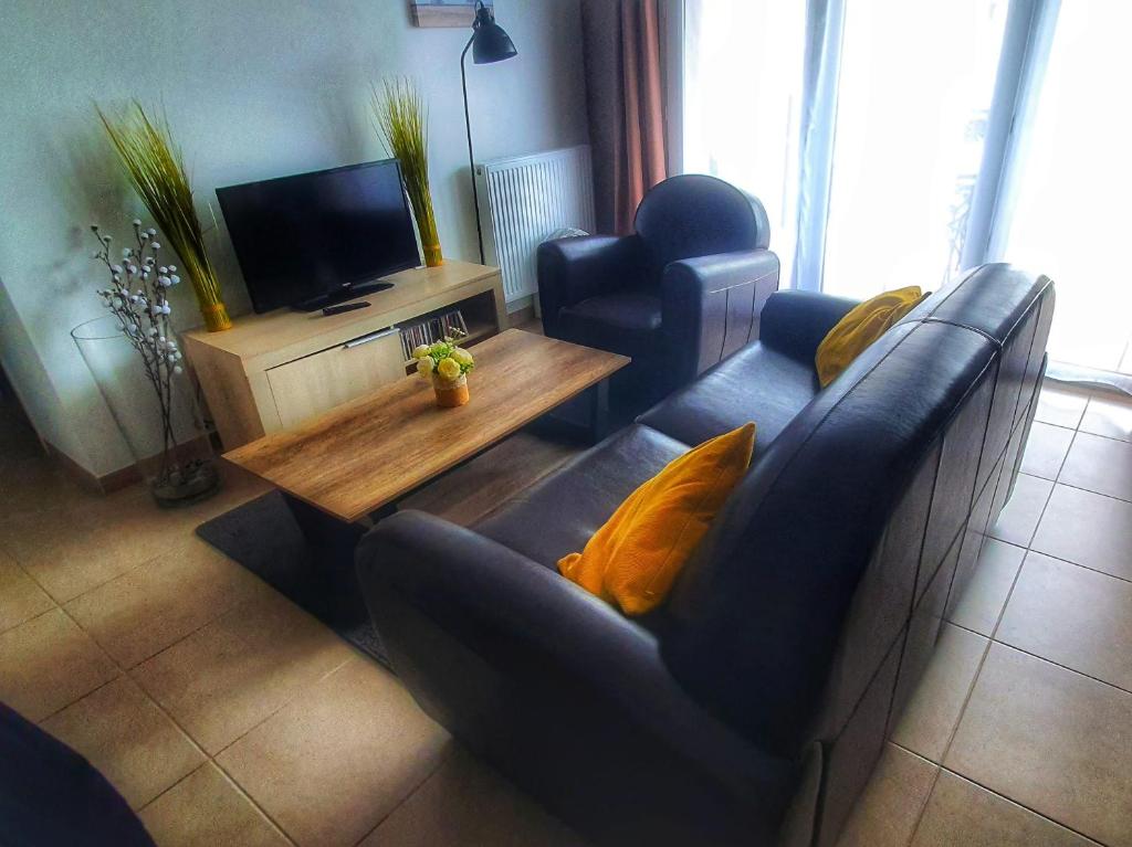 a living room with two chairs and a television at Audenge zone nature bassin d'Arcachon l'Effet mer in Audenge