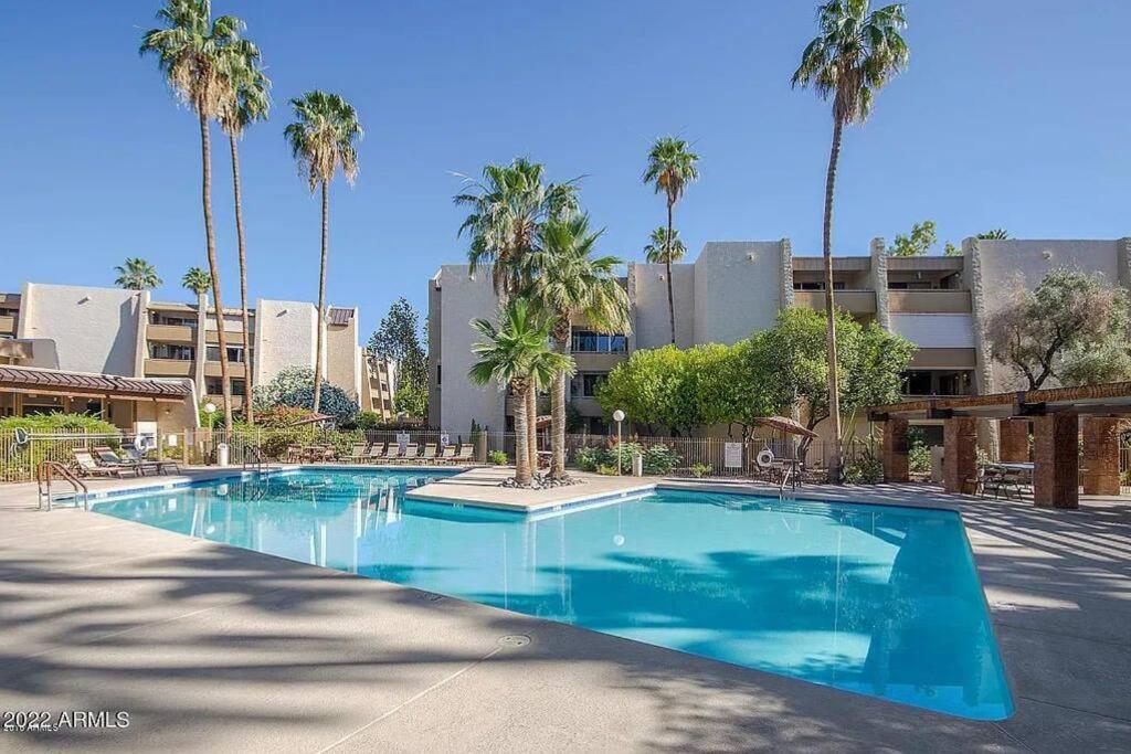 a swimming pool with palm trees in front of a building at Lux Resort Condo (Old Town Scottsdale!) in Scottsdale