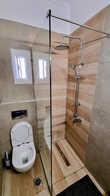 a bathroom with a toilet and a shower at Anna Garden Sidari in Sidari