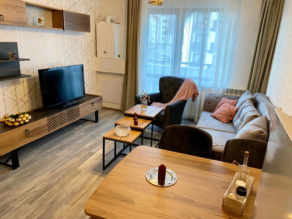 a living room with a couch and a tv at Luxury Apartments Studenets in Pamporovo